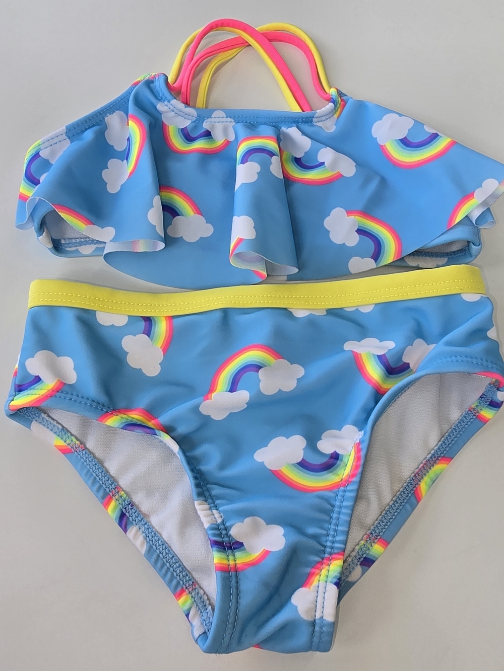 Toddler Girls 2T Rainbow Bikini Swimsuit 2 Piece Ruffle Top Bright Summer